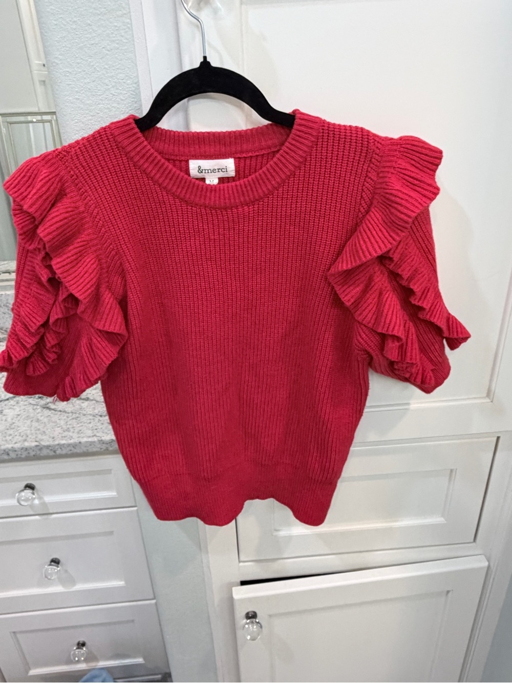 & Merci Red Ruffle-Sleeve Knit Top